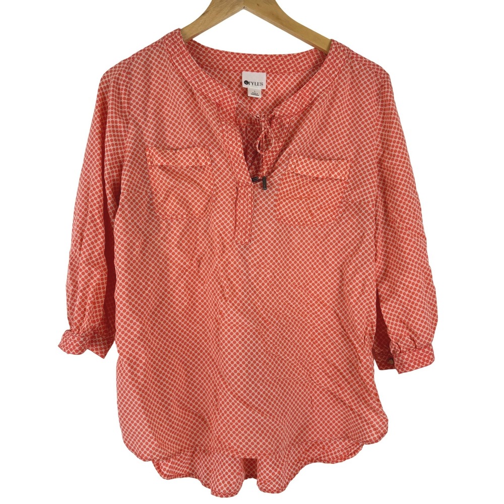 Stylus Womens‎ Large Coral Geometric Print 3/4 Sleeve Henley Blouse Tunic Top